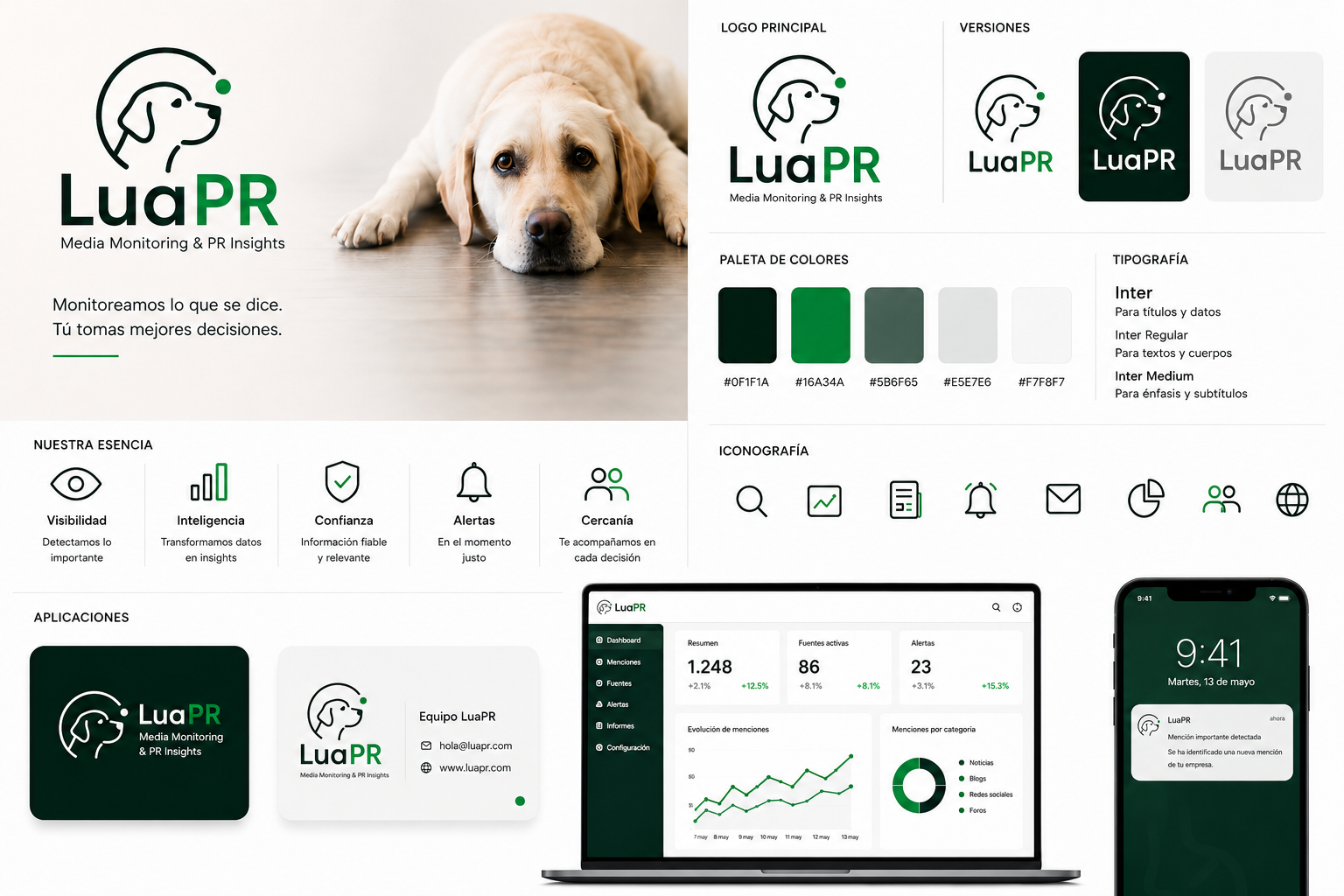 LuaPR visual identity board with logo, colors, typography and interface